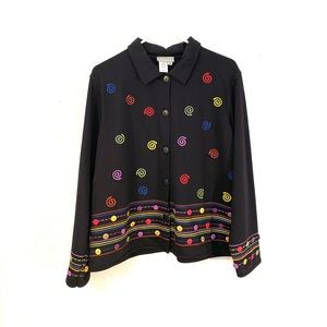 Coldwater Creek Black Dressy Jacket/ Blazer Embroidered w/ Colorful Buttons